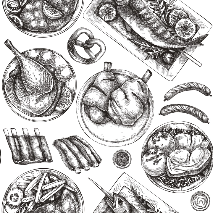 German food and drinks sketch background. Oktoberfest menu design. Hand-drawn beer seamless pattern. German cuisine backdrop. Vintage food sketched illustration